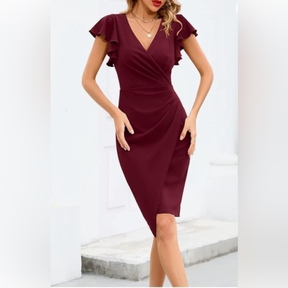 Oten fuchsia Ruffle Sleeve V Neck Bodycon Faux Wrap Side Ruched  lined Dress 2XL